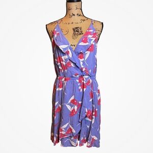 Express Women Feminine Vacation Resortwear Ruffle Floral Wrap Dress Blue Size XL